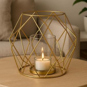 12 Geometric Gold Wire Hurricane Candle Holder Modern Nordic Metal Lantern for Tealights Living Room Coffee Table Centerpiece Ornament