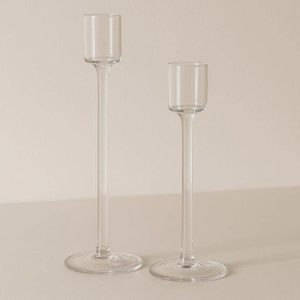 14 Minimalist Clear Glass Pillar Candle Holder Set of Two Modern Transparent Candlestick for Wedding Reception Dining Table Decor