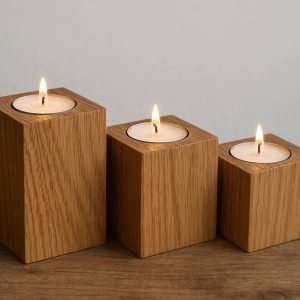 17 Wooden Tealight Candle Holder Set of Three Natural Oak Minimalist Block Candlestick for Rustic Modern Home Decor Table Accent
