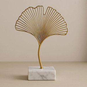 2 Geometric Golden Metal Ginkgo Leaf Ornament with Marble Base for Luxury Home Office Table Decor Modern Aesthetic Accent
