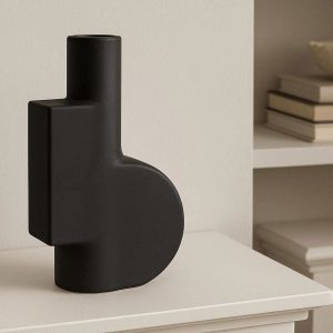 23 Nordic Style Matte Black Ceramic Vase Geometric Decorative Flower Container for Modern Living Room Shelf and Mantel Display