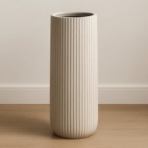25 Tall Cylindrical Ceramic Vase with Ribbed Texture Modern Decorative Flower Pot for Entryway Table and Living Room Floor Decor