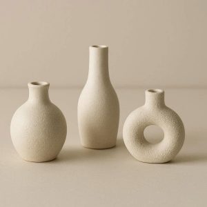 28 Set of Three Miniature Ceramic Vases Different Shapes and Textures for Modern Shelf Styling and Minimalist Home Decor Accents