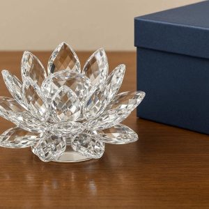 5 Clear Crystal Lotus Flower Figurine Sparkly Glass Ornament for Feng Shui Decoration Home Office Tabletop Accent with Gift Box